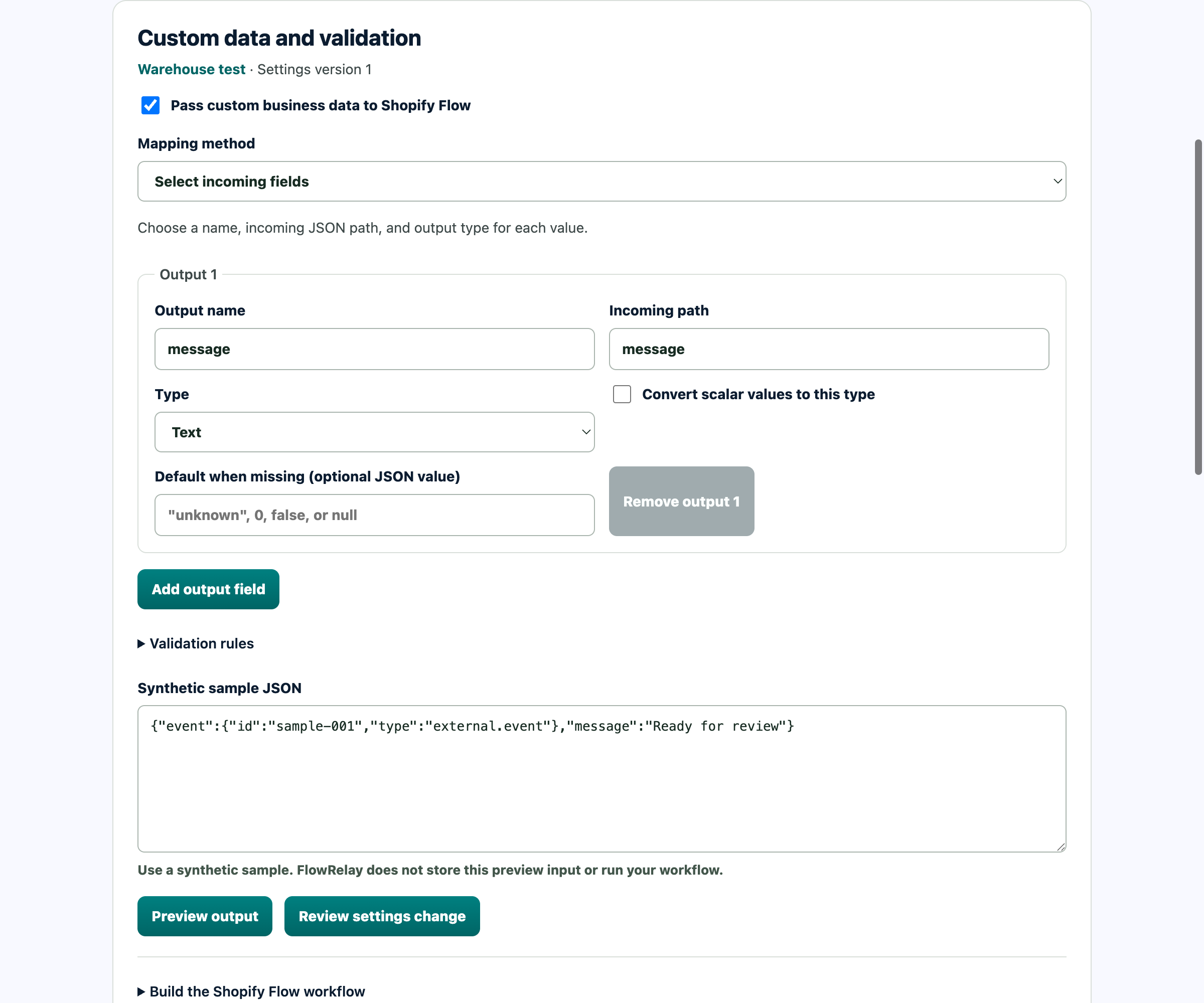 FlowRelay custom data editor with a synthetic message field and sample preview controls
